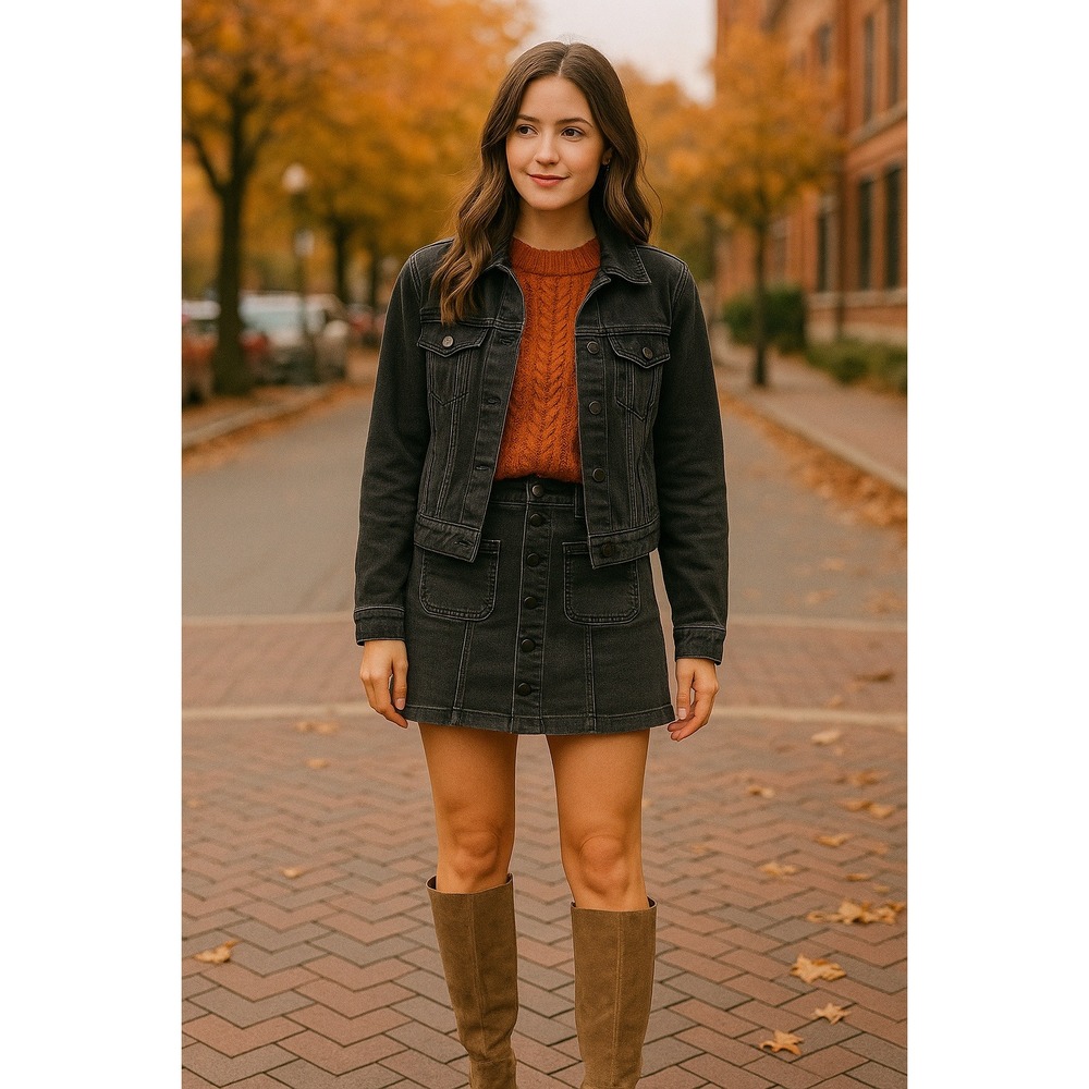 JUSTUSA‎ Black Denim Button Front Mini Skirt S High Waist | Autumn Western Chic